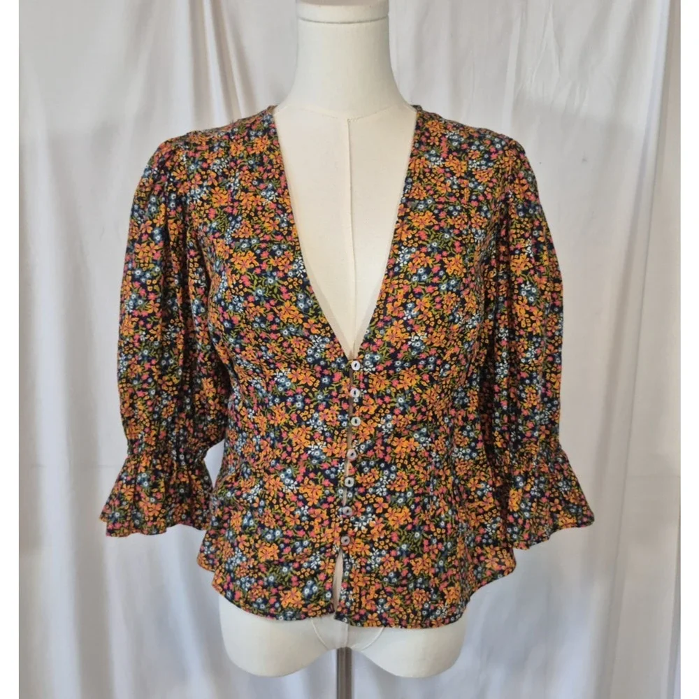 Free People I Found You Floral Orange Cotton Printed Top Small New